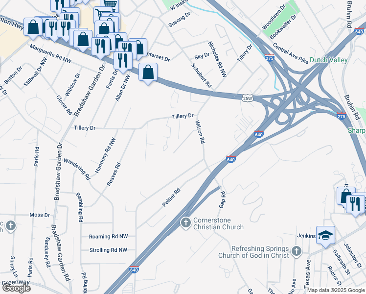 map of restaurants, bars, coffee shops, grocery stores, and more near 1415 Wilson Road in Knoxville