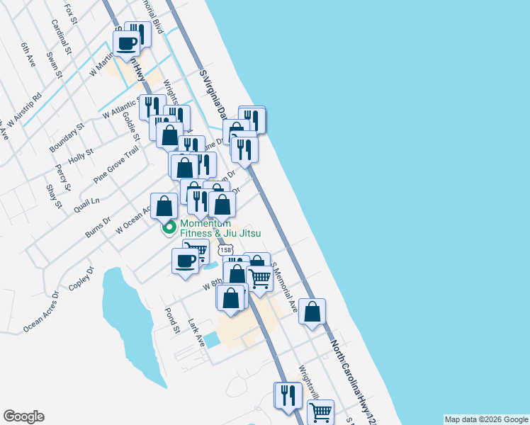 map of restaurants, bars, coffee shops, grocery stores, and more near 2028 South Virginia Dare Trail in Kill Devil Hills
