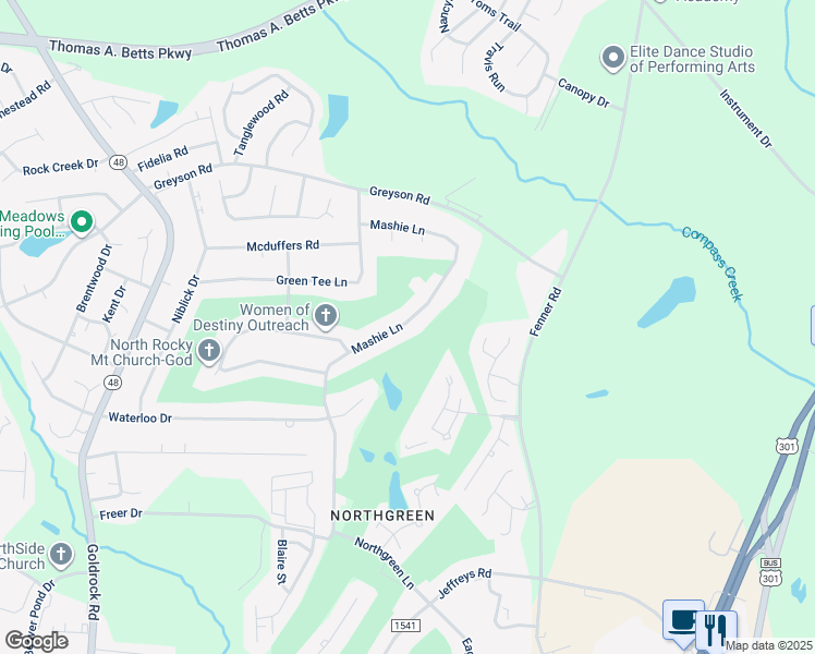 map of restaurants, bars, coffee shops, grocery stores, and more near 1129 Mashie Lane in Rocky Mount