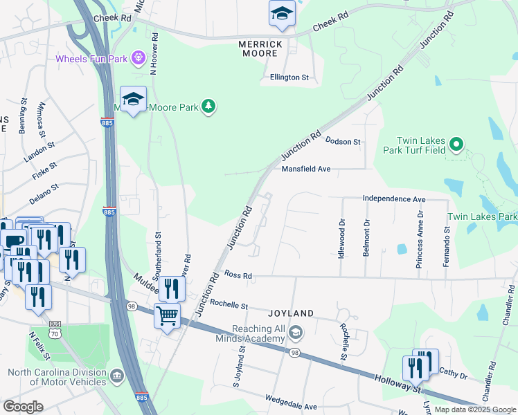 map of restaurants, bars, coffee shops, grocery stores, and more near 322 Junction Road in Durham