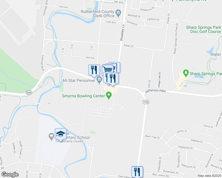 map of restaurants, bars, coffee shops, grocery stores, and more near 298 Sam Ridley Parkway East in Smyrna