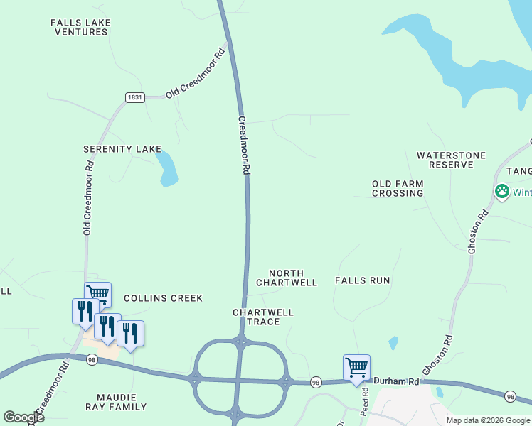 map of restaurants, bars, coffee shops, grocery stores, and more near 12828 Creedmoor Road in Wake Forest