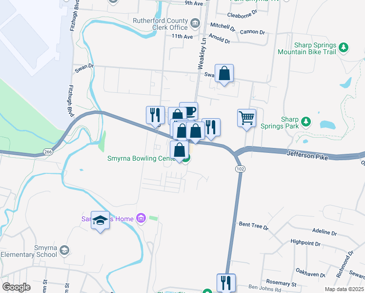 map of restaurants, bars, coffee shops, grocery stores, and more near 298 Sam Ridley Parkway East in Smyrna