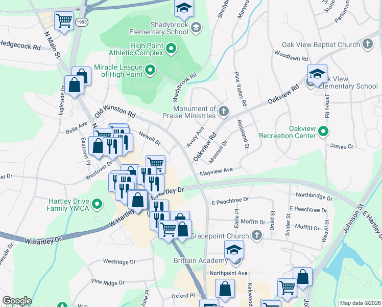 map of restaurants, bars, coffee shops, grocery stores, and more near 703 Old Winston Road in High Point