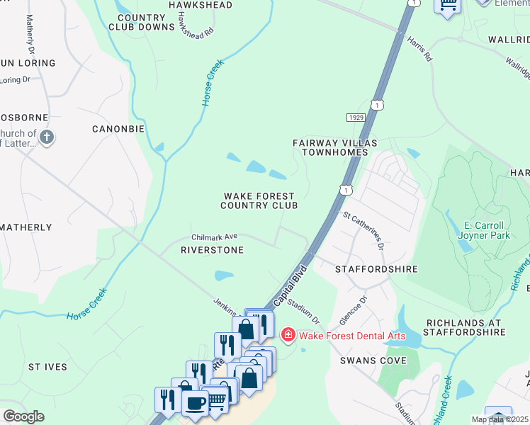 map of restaurants, bars, coffee shops, grocery stores, and more near 121 Keeter Circle in Wake Forest