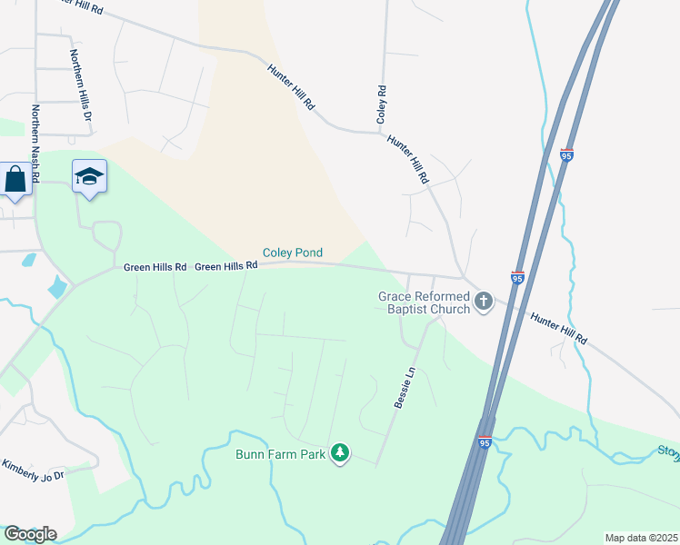 map of restaurants, bars, coffee shops, grocery stores, and more near 4825 Green Hills Road in Rocky Mount