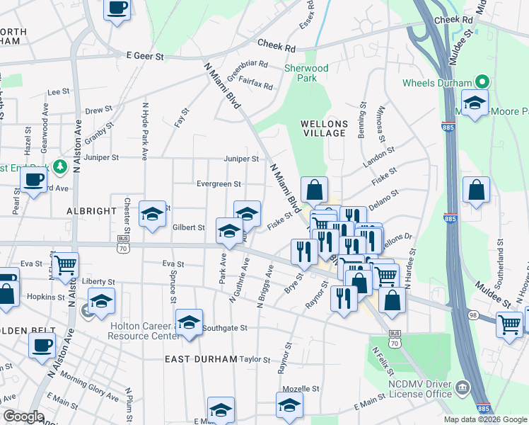 map of restaurants, bars, coffee shops, grocery stores, and more near 911 Fiske Street in Durham