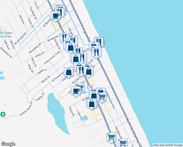 map of restaurants, bars, coffee shops, grocery stores, and more near 1708 South Croatan Highway in Kill Devil Hills