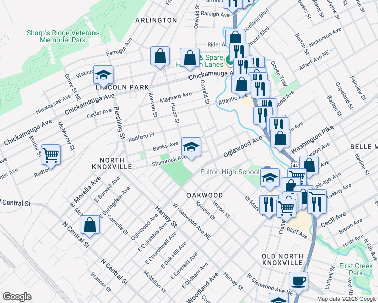 map of restaurants, bars, coffee shops, grocery stores, and more near 927 Oglewood Avenue in Knoxville