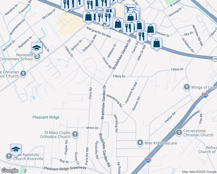 map of restaurants, bars, coffee shops, grocery stores, and more near 1504 Wandering Road in Knoxville