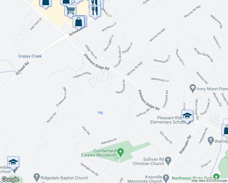map of restaurants, bars, coffee shops, grocery stores, and more near 2367 Wadsworth Drive in Knoxville