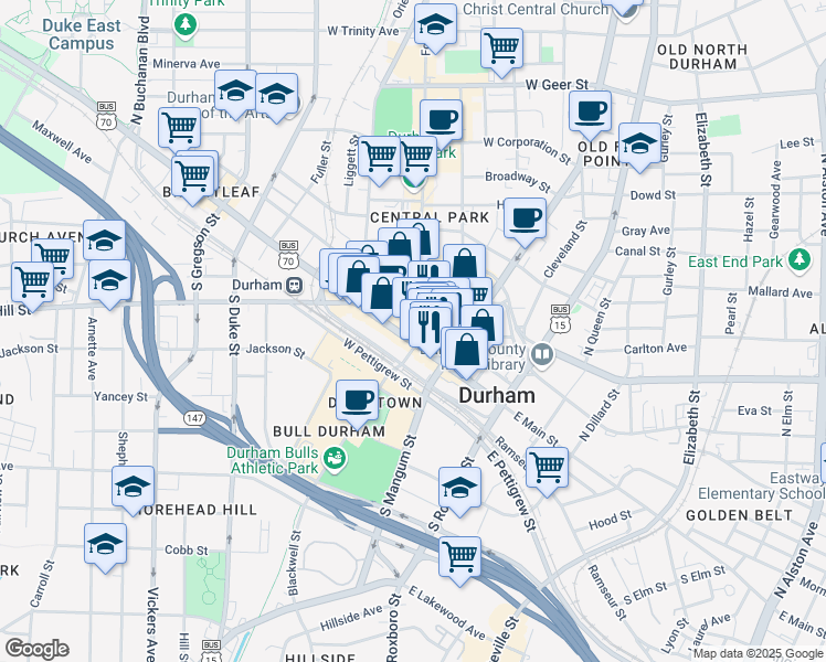 map of restaurants, bars, coffee shops, grocery stores, and more near 111 Corcoran Street in Durham
