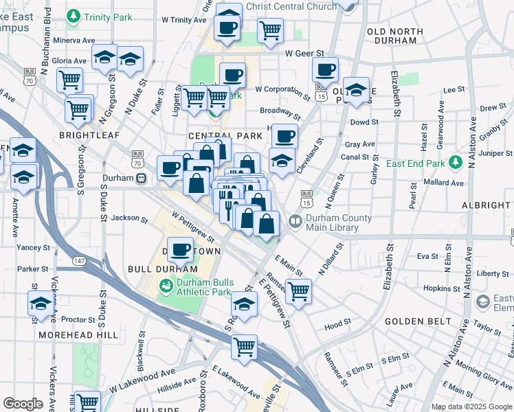 map of restaurants, bars, coffee shops, grocery stores, and more near 101 City Hall Plaza in Durham