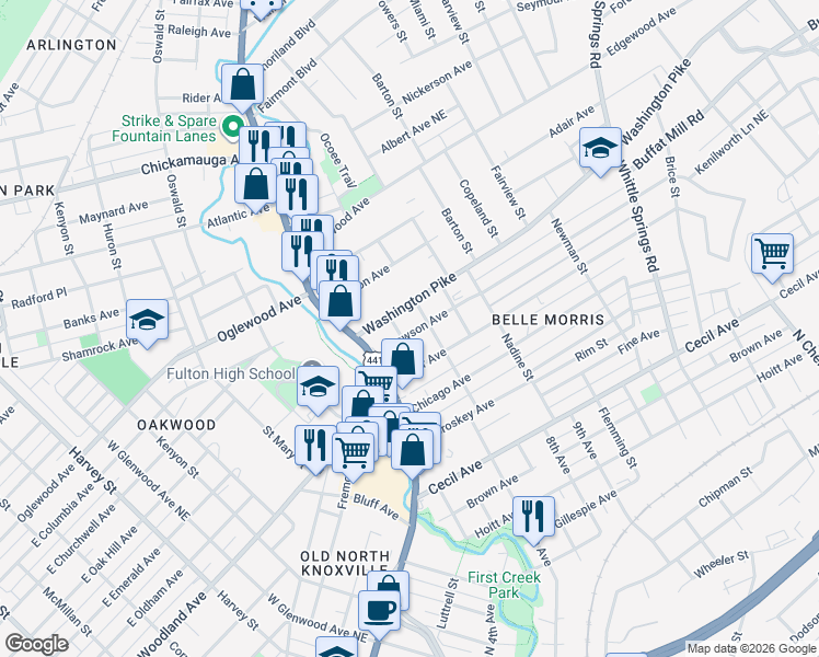map of restaurants, bars, coffee shops, grocery stores, and more near 1426 Lawson Avenue in Knoxville