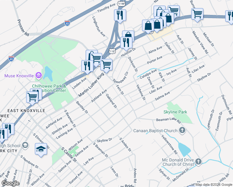 map of restaurants, bars, coffee shops, grocery stores, and more near 3623 Lansing Avenue in Knoxville