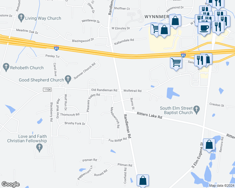 map of restaurants, bars, coffee shops, grocery stores, and more near 4092 Pleasant Valley Road in Greensboro