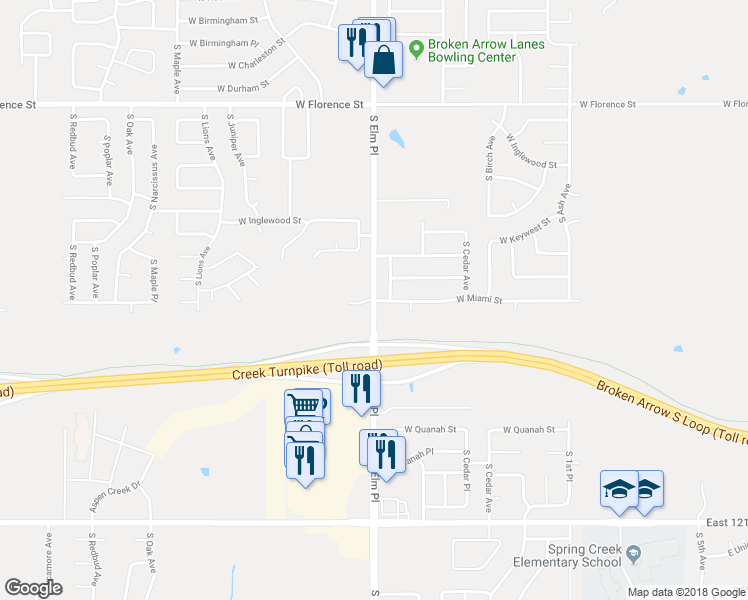 map of restaurants, bars, coffee shops, grocery stores, and more near West Miami Street in Broken Arrow