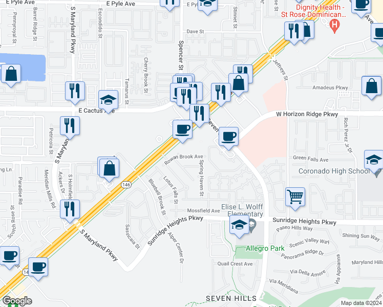 map of restaurants, bars, coffee shops, grocery stores, and more near 3176 Rowan Brook Avenue in Henderson