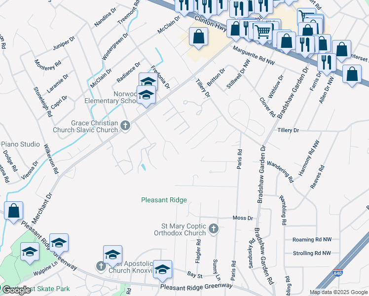 map of restaurants, bars, coffee shops, grocery stores, and more near 5100 Yates Lane in Knoxville