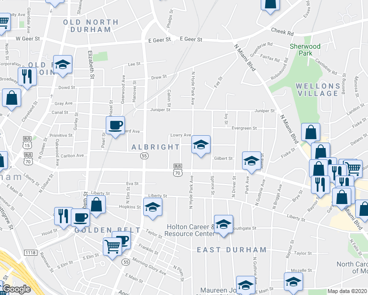 map of restaurants, bars, coffee shops, grocery stores, and more near 1001 North Hyde Park Avenue in Durham