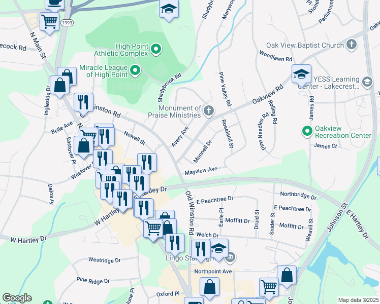 map of restaurants, bars, coffee shops, grocery stores, and more near 206 Oakview Road in High Point