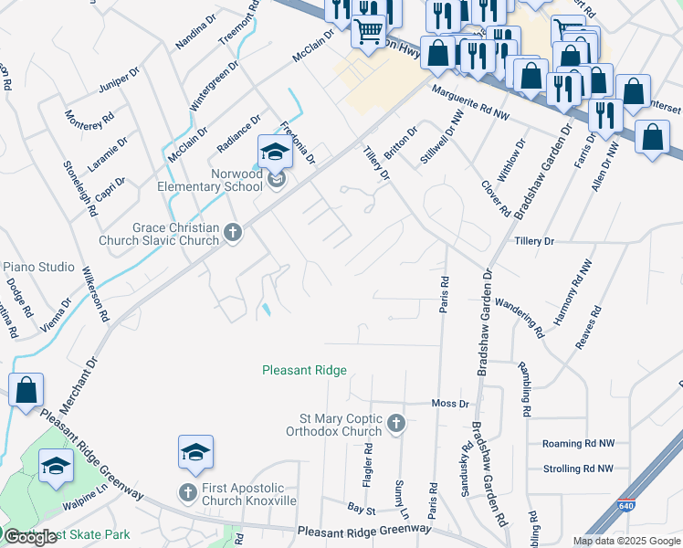 map of restaurants, bars, coffee shops, grocery stores, and more near 5100 Yates Lane in Knoxville