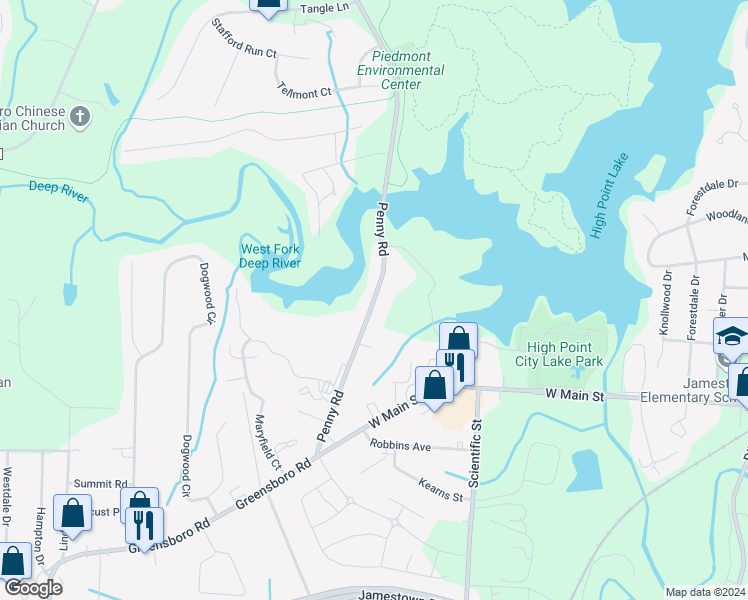 map of restaurants, bars, coffee shops, grocery stores, and more near 131 Penny Road in High Point