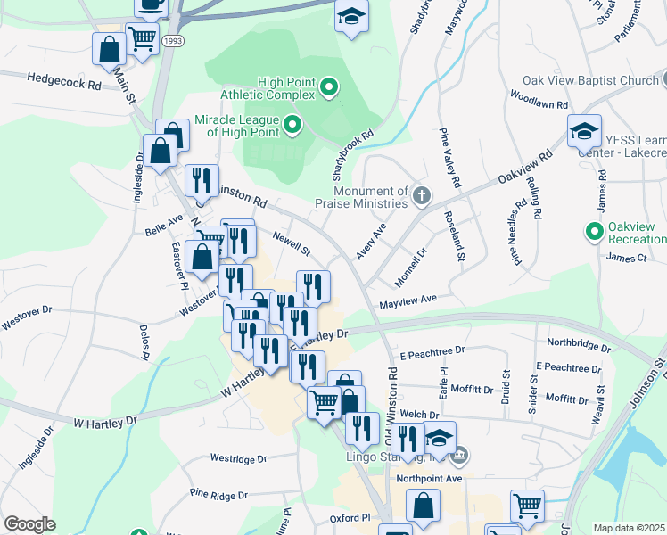 map of restaurants, bars, coffee shops, grocery stores, and more near 103 Rankin Place in High Point