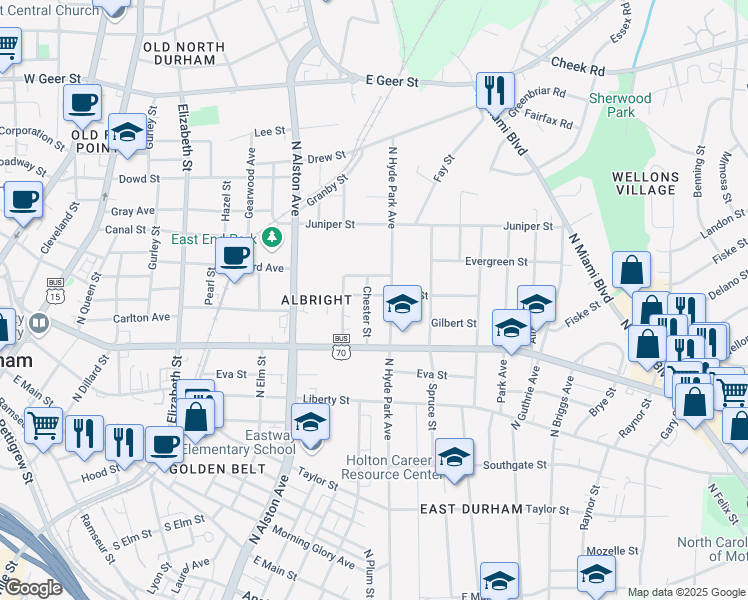 map of restaurants, bars, coffee shops, grocery stores, and more near 1008 Chester Street in Durham