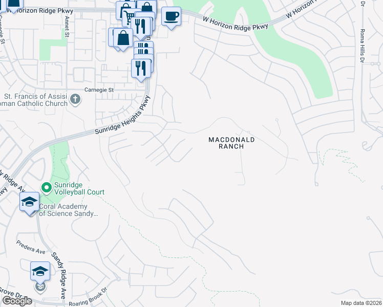 map of restaurants, bars, coffee shops, grocery stores, and more near 2183 Skyline Heights Lane in Henderson