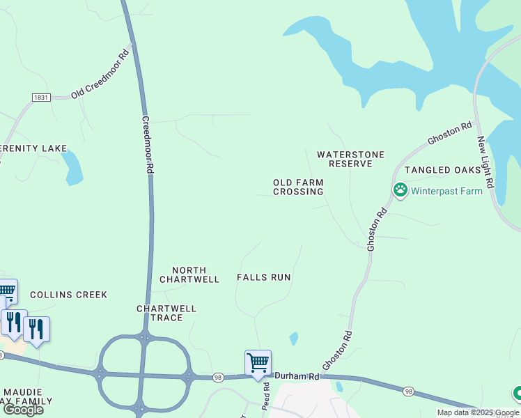 map of restaurants, bars, coffee shops, grocery stores, and more near 1537 Breeders Hill Drive in Wake Forest