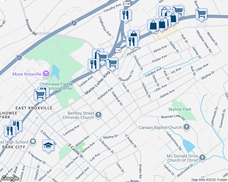 map of restaurants, bars, coffee shops, grocery stores, and more near 204 Oakland Street in Knoxville