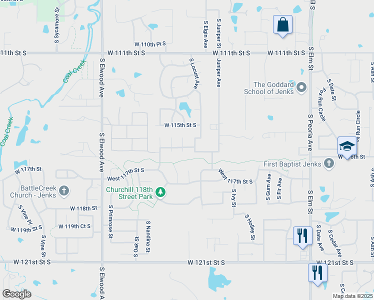 map of restaurants, bars, coffee shops, grocery stores, and more near 11521 South Mulberry Court in Jenks