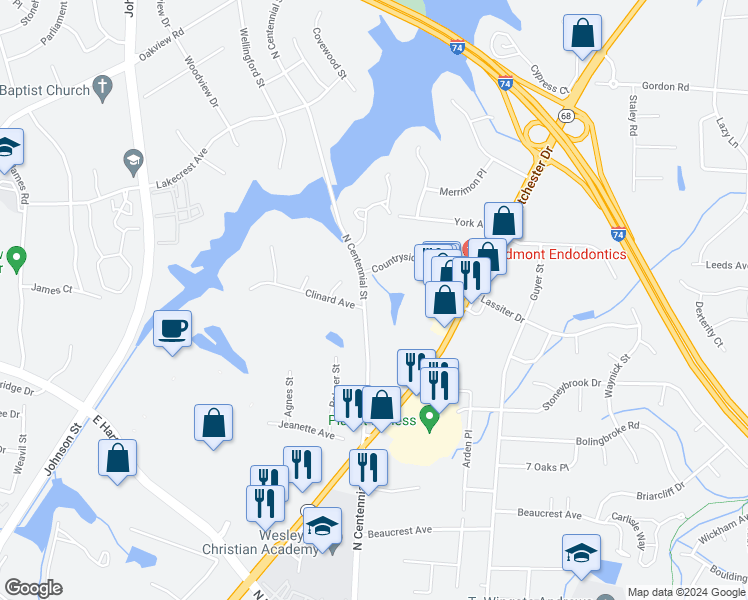 map of restaurants, bars, coffee shops, grocery stores, and more near 2600 North Centennial Street in High Point