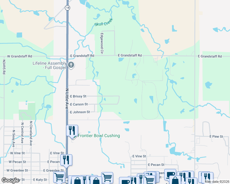 map of restaurants, bars, coffee shops, grocery stores, and more near 902 East Brissy Street in Cushing