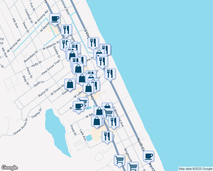 map of restaurants, bars, coffee shops, grocery stores, and more near 2008 South Virginia Dare Trail in Kill Devil Hills