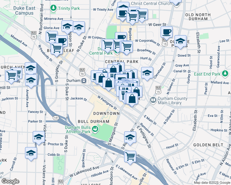 map of restaurants, bars, coffee shops, grocery stores, and more near 126 West Main Street in Durham