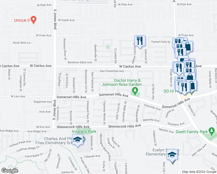 map of restaurants, bars, coffee shops, grocery stores, and more near 10628 Porta Romana Court in Las Vegas