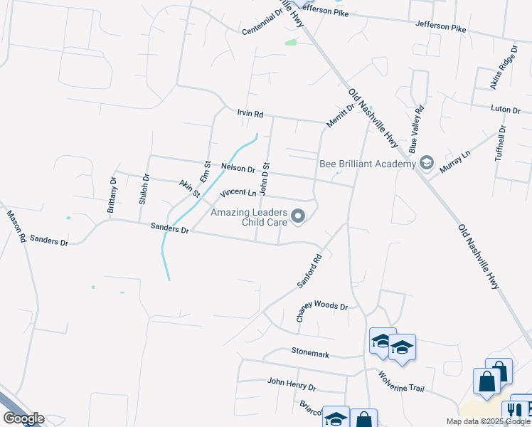 map of restaurants, bars, coffee shops, grocery stores, and more near 175 John D Street in La Vergne