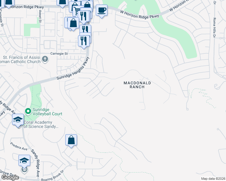 map of restaurants, bars, coffee shops, grocery stores, and more near 2183 Skyline Heights Lane in Henderson
