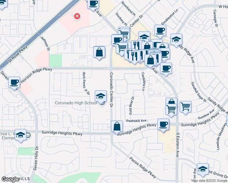 map of restaurants, bars, coffee shops, grocery stores, and more near 825 Happy Sparrow Avenue in Henderson