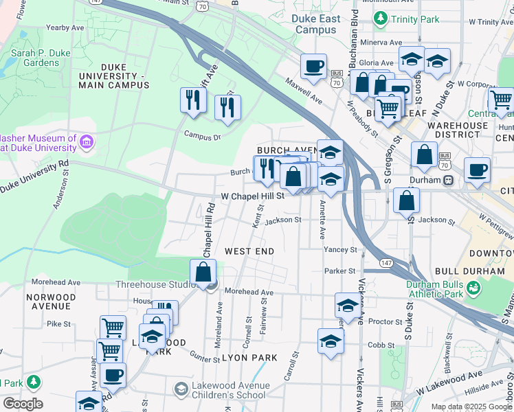 map of restaurants, bars, coffee shops, grocery stores, and more near 715 Kent Street in Durham