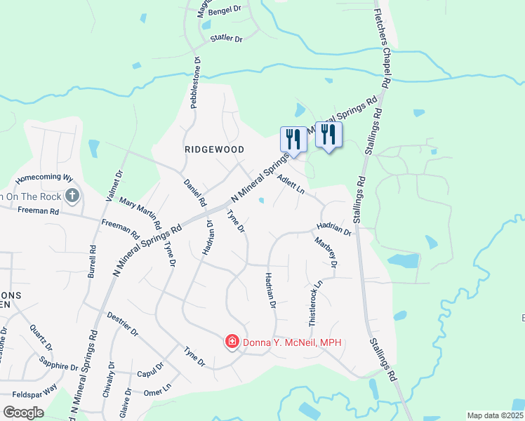 map of restaurants, bars, coffee shops, grocery stores, and more near 6 Woodsprite Court in Durham