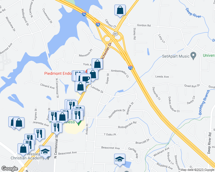 map of restaurants, bars, coffee shops, grocery stores, and more near 203 Lassiter Drive in High Point