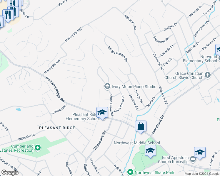 map of restaurants, bars, coffee shops, grocery stores, and more near 2643 Moss Creek Road in Knoxville