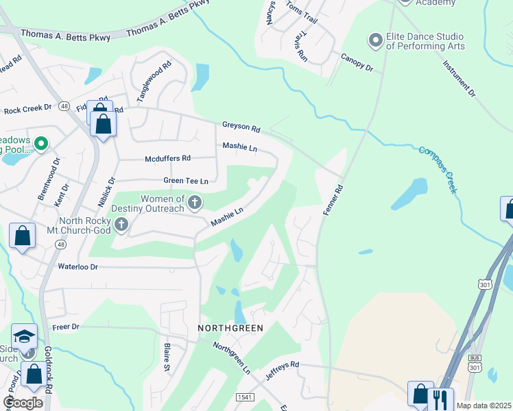 map of restaurants, bars, coffee shops, grocery stores, and more near 1129 Mashie Lane in Rocky Mount