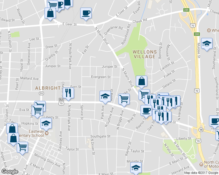 map of restaurants, bars, coffee shops, grocery stores, and more near 1009 Alma Street in Durham
