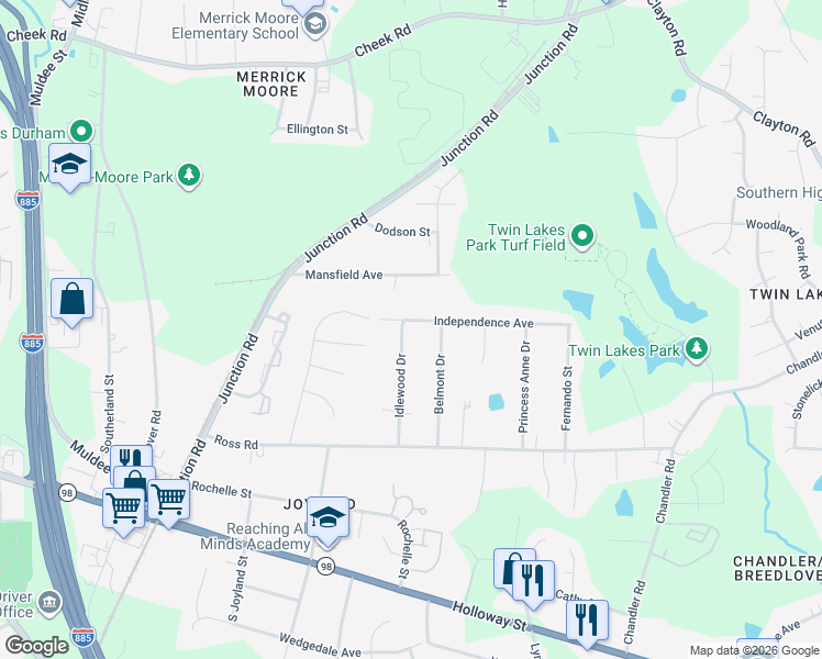 map of restaurants, bars, coffee shops, grocery stores, and more near 423 Idlewood Drive in Durham