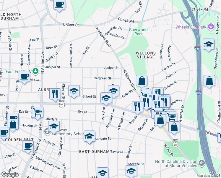 map of restaurants, bars, coffee shops, grocery stores, and more near 1009 Alma Street in Durham