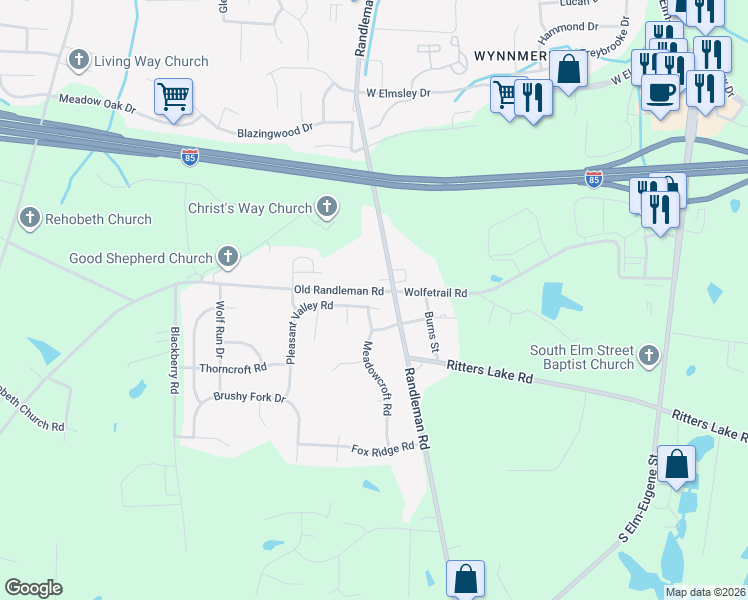 map of restaurants, bars, coffee shops, grocery stores, and more near 4402 Meadowcroft Road in Greensboro